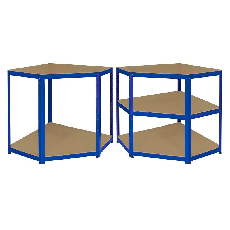 1 x Corner Garage Racking Unit & 2 x Single Racking Storage Units / 5 T-Rax Blue Steel & MDF Shelves / 4125kg capacity / 265kg per shelf / Free Rubber Mallet