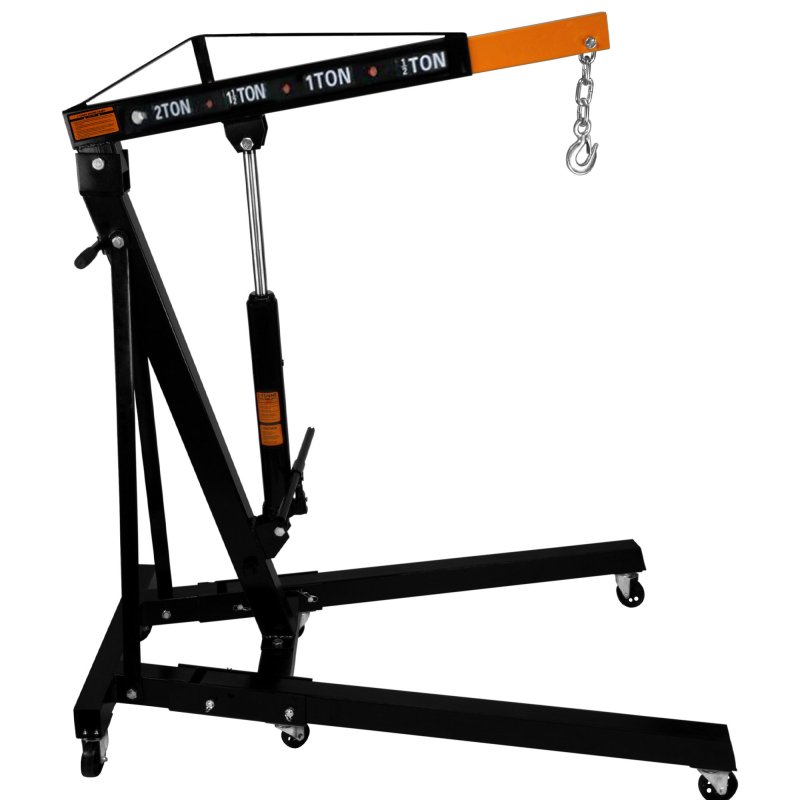 Engine Crane 2 Tonne Ton 2000kg Hydraulic Pump Handle Folding Legs Hoist Lift Jack Stand Handle 6 Portable Heavy Duty Wheels Workshop Garage 4 JIB Positions Chain Hook Black Powder Coated Steel