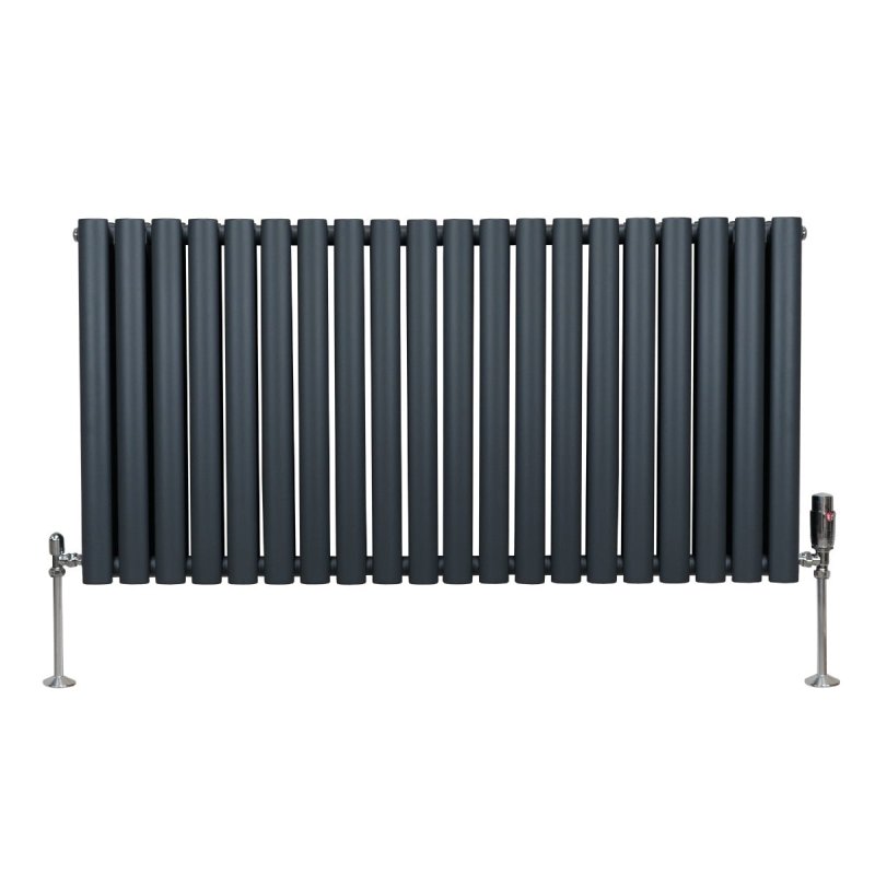 Oval Column Radiator 600mm x 1200mm & TRV Chrome Valves Designer Double Panel Central Heating Heater Anthracite Grey Steel Horizontal Kitchen Living Room FREE Cleaning Brush Fixing Kit & Brackets