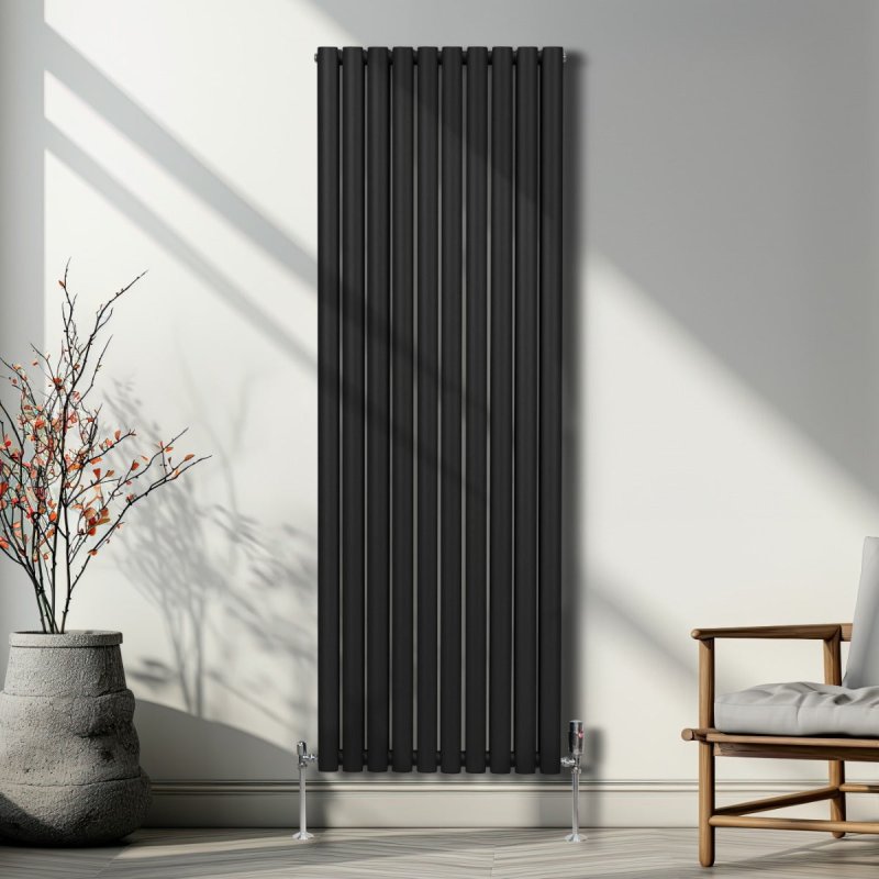 Oval Column Radiator 1800mm x 600mm Modern Designer Double Panel Central Heating Heater Matt Black Carbon Steel Vertical Kitchen Living Room Bathroom FREE Cleaning Brush Fixing Kit & Brackets
