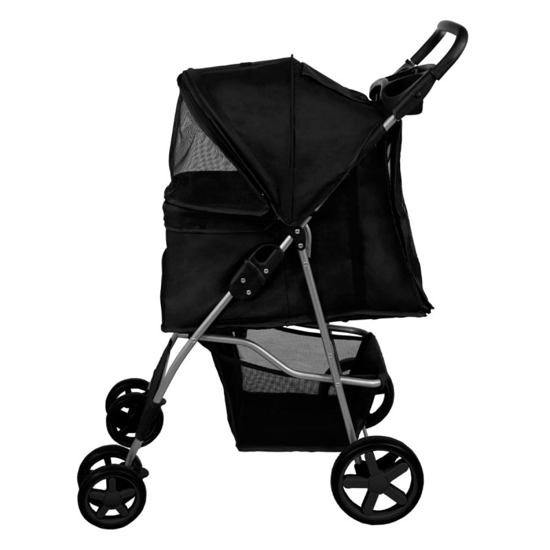 Pet Stroller Pushchair Black Carrier Foldable Trolley Travel Cart 15kg Capacity 4 Wheels Brakes Cat Dog Safety Snap Hook Leash Cushion Canopy Mesh Windows Basket Cup Holders FREE Waterproof Rain Cover
