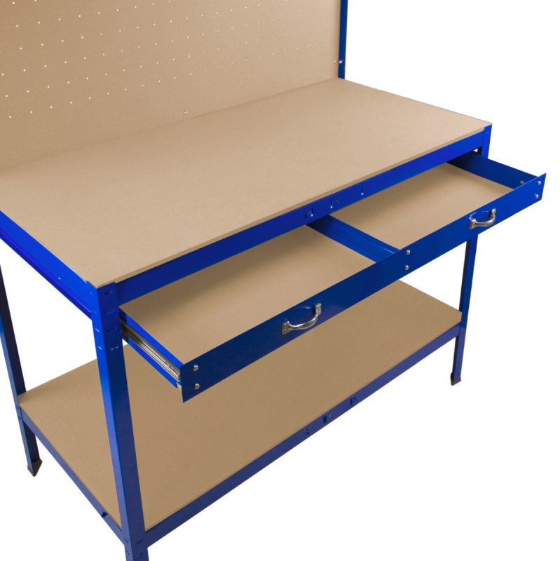Garage Workbench Blue Pegboard Drawer Shelves LED Light Heavy Duty Steel Wooden Workshop Industrial Shed DIY Work Table Desk Tool Storage Station Unit 370kg Total Capacity 40 Hooks Rubber Mallet
