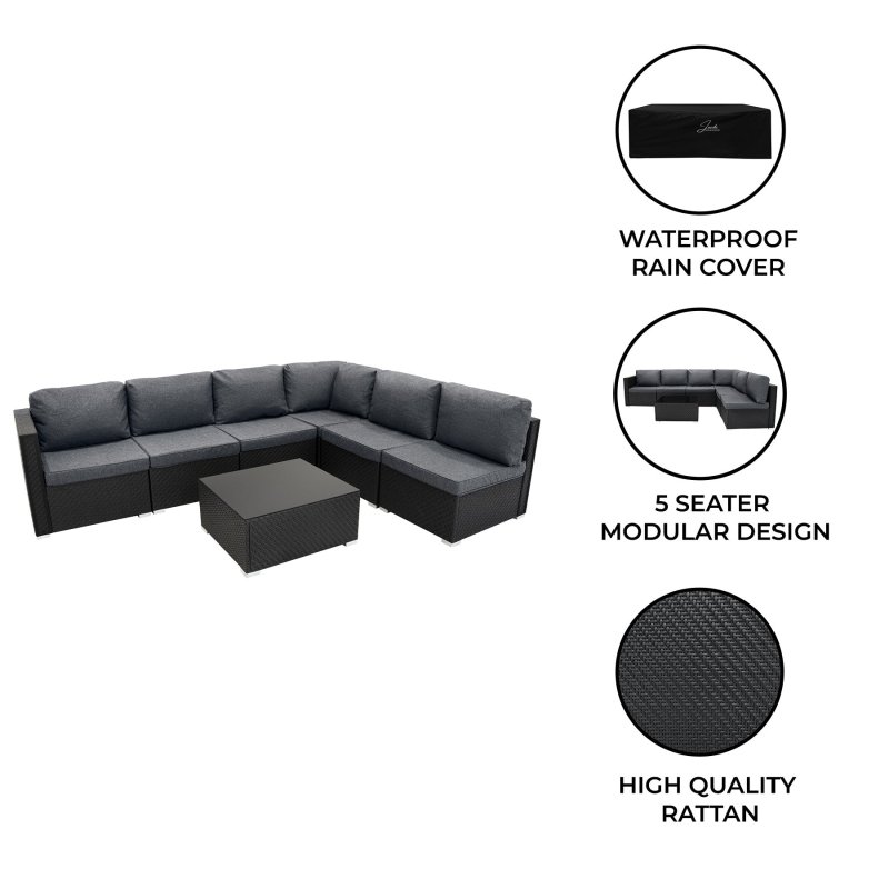 Rattan Garden Corner Furniture Set Outdoor Premium 7 PC Black 5 Seater Modular Sofa Chairs With Cushions Glass Top Coffee Table UV Protected Metal and Outsunny 3 x 2m Metal Outdoor Pergola with Retractable Roof, Outdoor Gazebo Canopy Shelter with Drainage