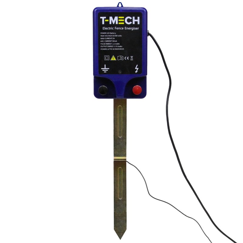 T-Mech Electric 12V Fence Energiser Water Resistant 1.0J 10KM Battery Powered Fencer