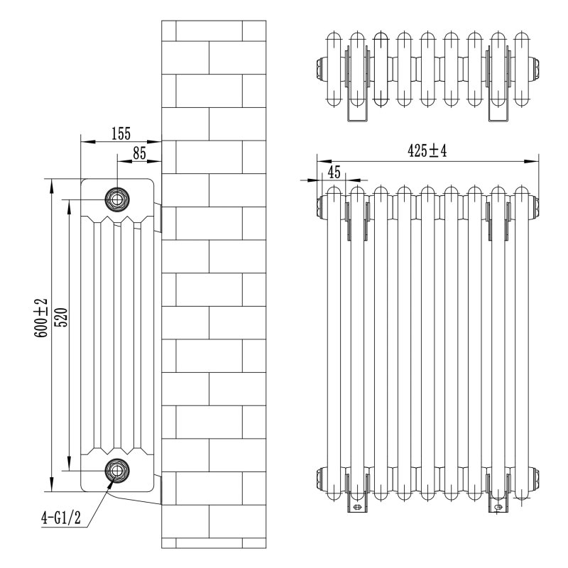 Traditional 4 Column Radiator - 600 x 425mm - Black