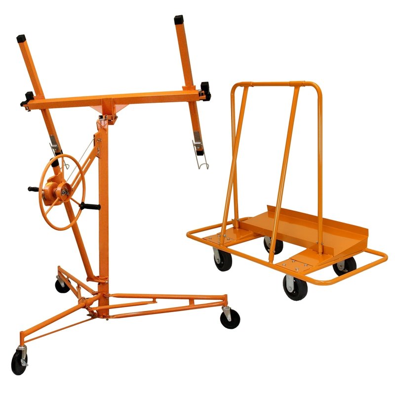 Plaster-board Hoist And Drywall Trolley Mobile Hoist Bundle Jack Tool Sheet 11ft Reach 68kg Lifting Capacity 1000kg Trolley Capacity Lockable Heavy Duty Foldable Commercial DIY T-Mech