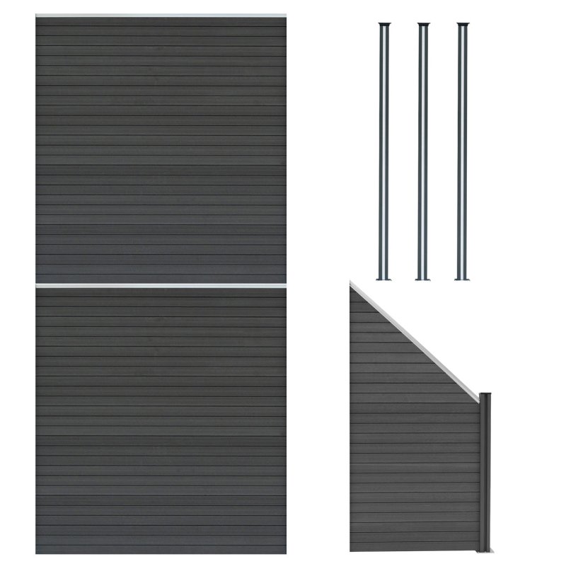 Composite Fence Panels, Angled Piece & LED Posts 6ft x 14.5ft - Grey