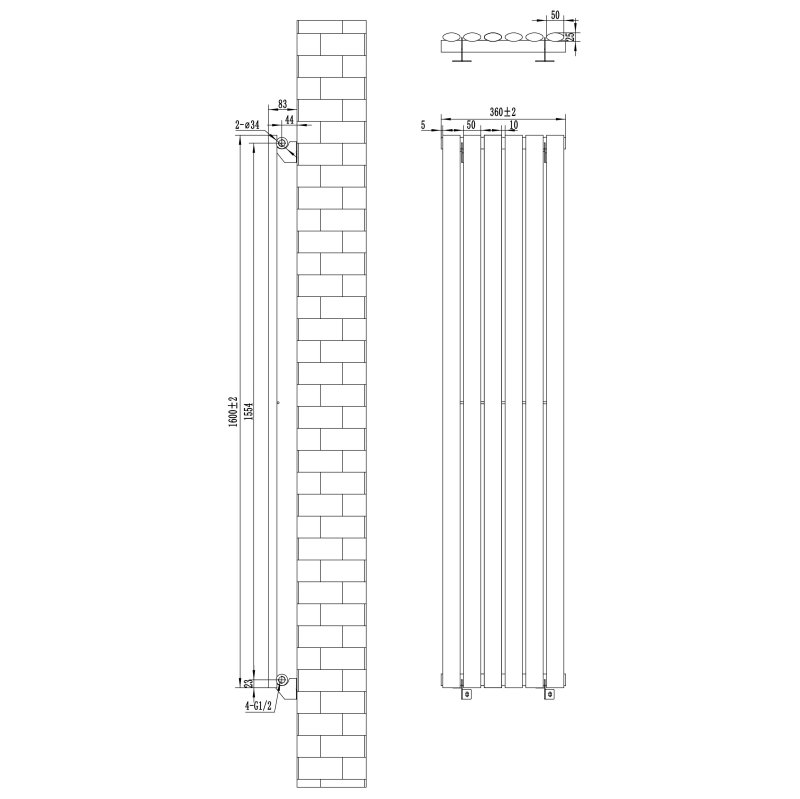 Oval Single Column Radiator - 1600 x 360mm - Anthracite Grey