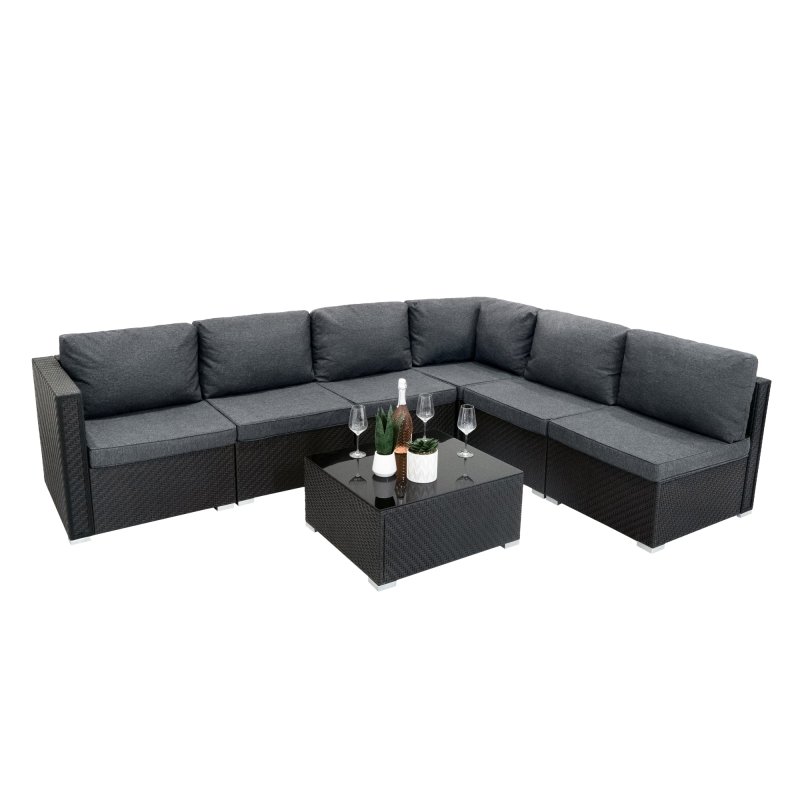 Rattan Garden Corner Furniture Set Outdoor Premium 7 PC Black 5 Seater Modular Sofa Chairs With Cushions Glass Top Coffee Table UV Protected Metal and Outsunny 3 x 2m Metal Outdoor Pergola with Retractable Roof, Outdoor Gazebo Canopy Shelter with Drainage
