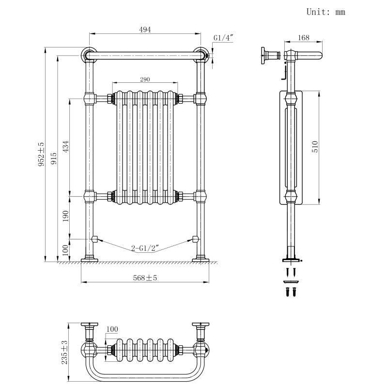 Traditional Heated Towel Rail Radiator - 950mm x 570mm - Anthracite Grey