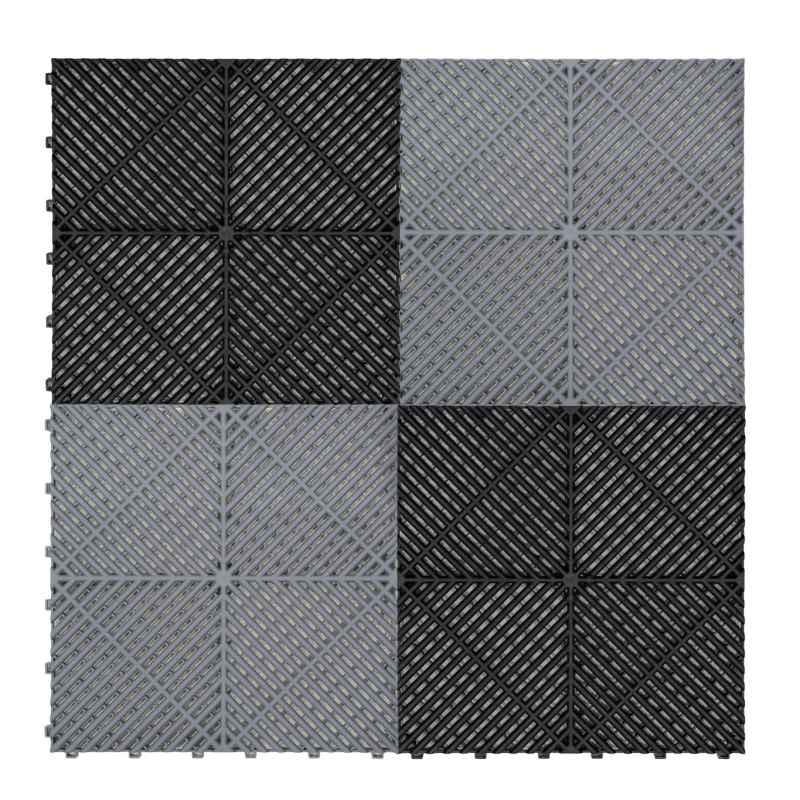 Vented Modular Interlocking Flooring Tiles & Edges 165 Black & 60 Grey Double Garage Heavy Duty Floor Mat Showroom Workshop Outdoor Polypropylene Anti Slip Weather Resistant Drainage 6m x 6m 36m2