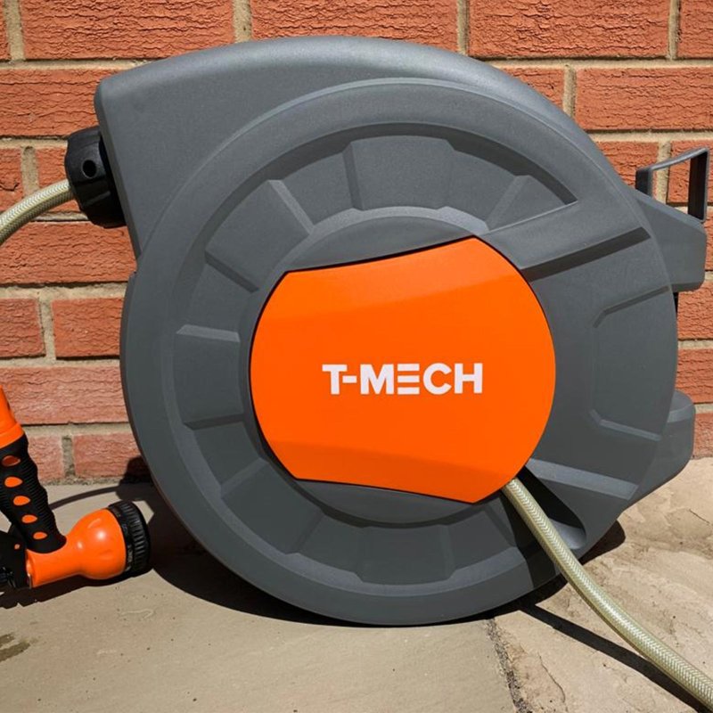 T-Mech Auto Rewind Hose Reel 30m + 2m, Wall-Mounted 8 Spray Nozzle Gun, Neat Retractable Hose-Pipe With Bracket And Fixings, 180?? pivot