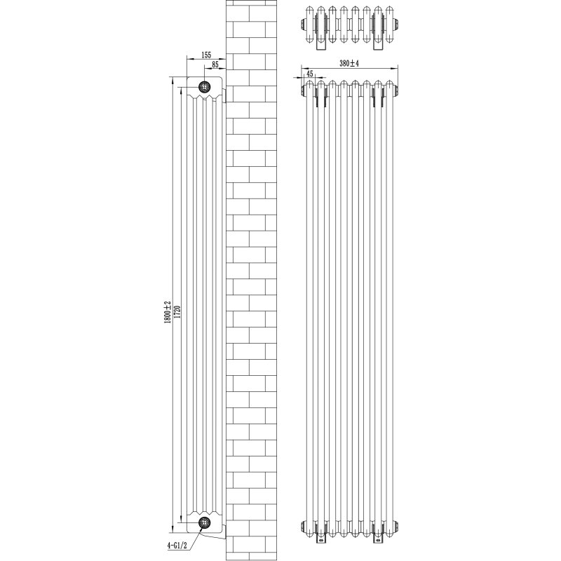 Traditional 4 Column Radiator & Valves - 1800 x 380mm - Black