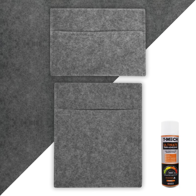 Camper Van Lining 2 x Storage Pouches & 5 x Cans Adhesive Glue Smoke Grey Carpet 4 Way Stretch 2m Wide 11m2 Coverage Car Motorhome Vehicle Campervan Conversion 2 Size Tool Document Pocket Organiser