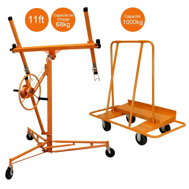 Plaster-board Hoist And Drywall Trolley Mobile Hoist Bundle Jack Tool Sheet 11ft Reach 68kg Lifting Capacity 1000kg Trolley Capacity Lockable Heavy Duty Foldable Commercial DIY T-Mech