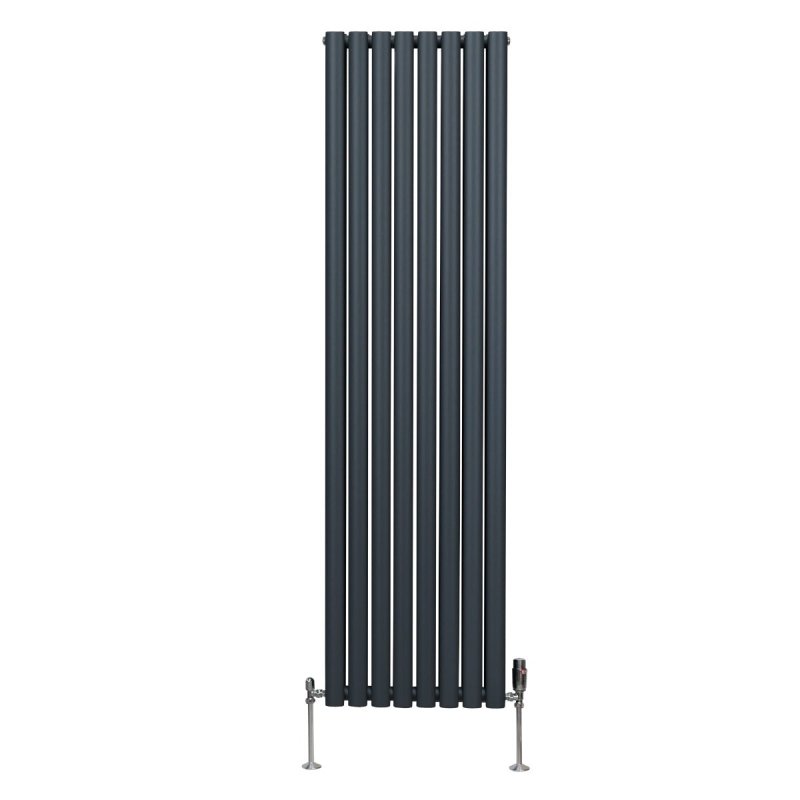 Oval Column Radiator 1800mm x 480mm & TRV Chrome Valves Modern Designer Double Panel Central Heating Heater Anthracite Grey Steel Vertical Kitchen Living Room FREE Cleaning Brush Fixing Kit & Brackets