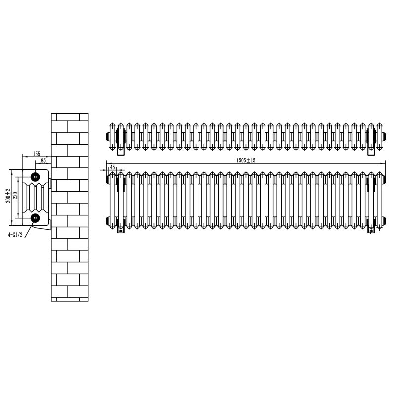 Traditional 4 Column Radiator - 300 x 1505mm - Anthracite