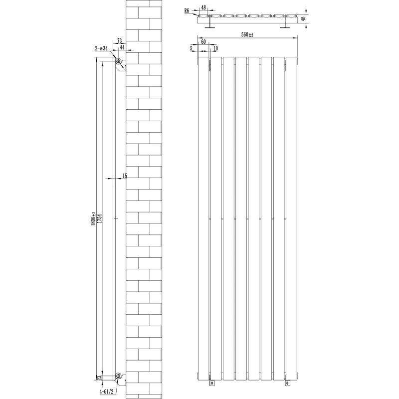Flat Single Column Radiator - 1800 x 560mm - Anthracite Grey