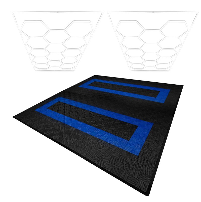 Vented Modular Interlocking Flooring Tiles 165 Black & 60 Blue With Edges & Hexagon LED Lighting 28 White Lights & Border 6500K 3 Mount Options & Suspended Ceiling Kit Single Garage Floor Mat 6m x 6m