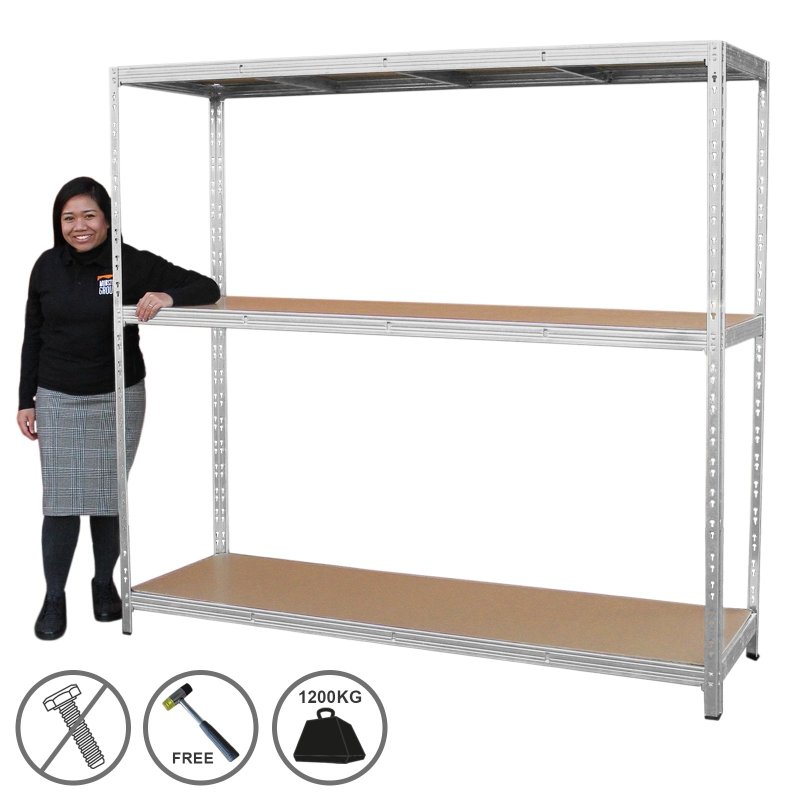 Heavy Duty Garage Shelving Extra Wide Boltless Racking 1200KG Capacity Galvanised Steel Metal 3 Tier Shelves Storage Unit Warehouse Home Shed Industrial 1 Bay | 2000 x 1860 x 600mm