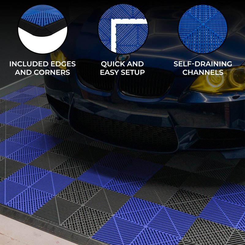 Vented Modular Interlocking Flooring Tiles & Edges 60 Black & 60 Blue Single Garage Heavy Duty Floor Mat Showroom Workshop Outdoor Polypropylene Anti Slip Weather Resistant Drainage 3.2m x 6m 19.2m2