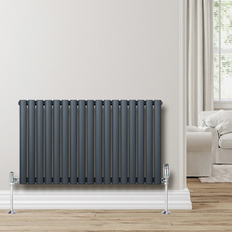 Oval Single Column Radiator & Valves - 600mm x 1020mm - Anthracite Grey
