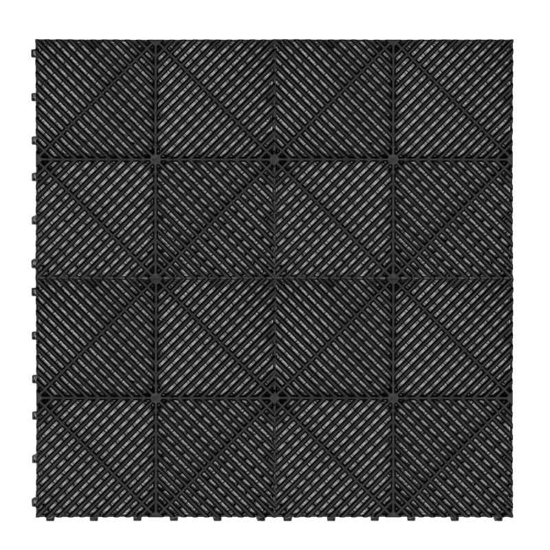 Vented Modular Interlocking Flooring Tiles & Edges 120 x Black Single Garage Heavy Duty Floor Mat Showroom Workshop Outdoor Polypropylene Anti Slip Weather Resistant Drainage Channels 3.2m x 6m 19.2m2