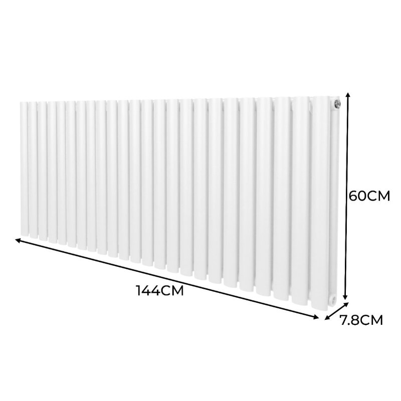 Oval Column Radiator 600mm x 1440mm Modern Designer Double Panel Central Heating Heater Gloss White Carbon Steel Horizontal Kitchen Living Room Bathroom FREE Cleaning Brush Fixing Kit & Brackets