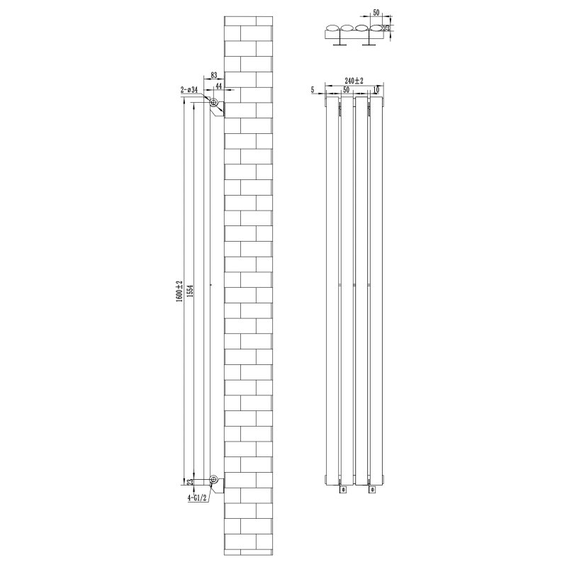 Oval Single Column Radiator & Valves - 1600mm x 240mm - White