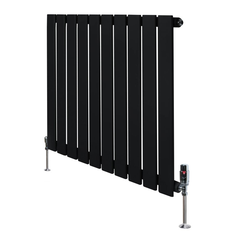 Flat Single Column Radiator & Valves - 600mm x 700mm - Black