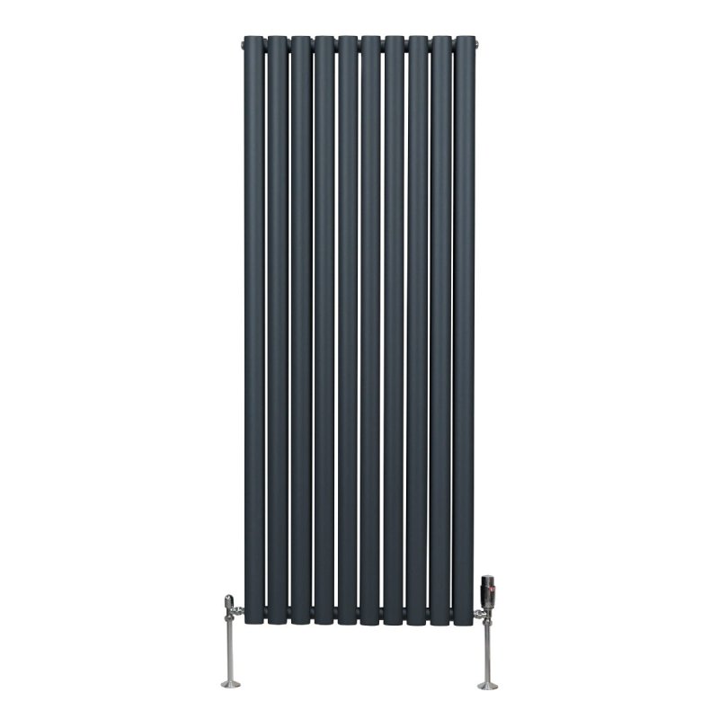 Oval Column Radiator 1600mm x 600mm & TRV Chrome Valves Modern Designer Double Panel Central Heating Heater Anthracite Grey Steel Vertical Kitchen Living Room FREE Cleaning Brush Fixing Kit & Brackets