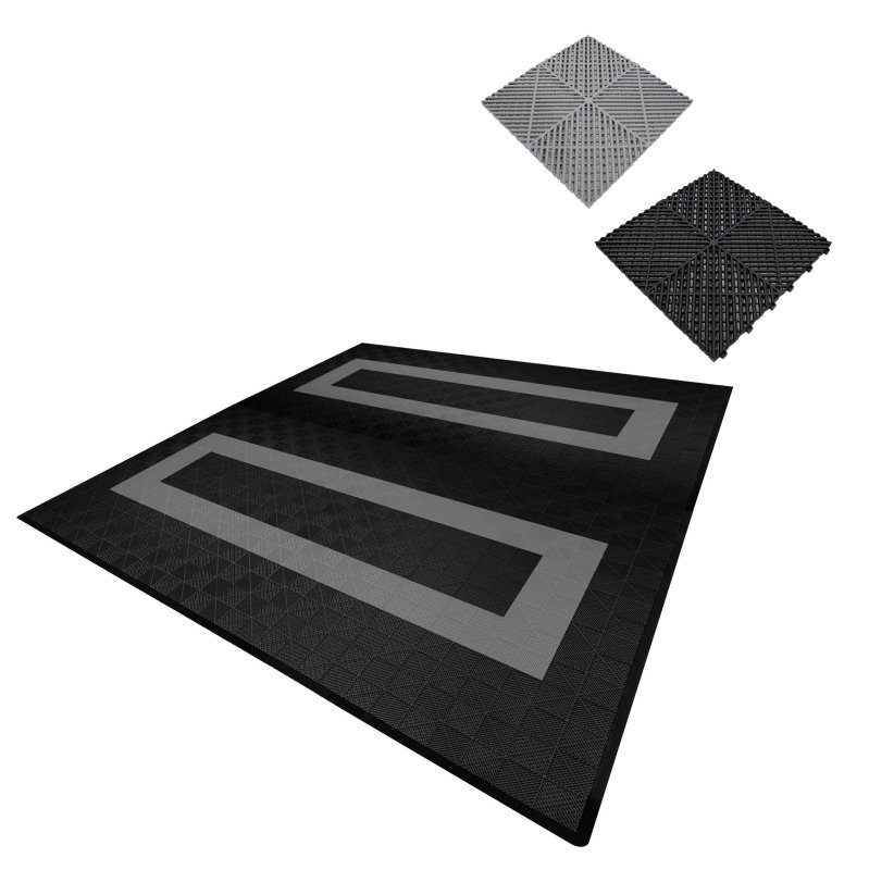 Vented Modular Interlocking Flooring Tiles & Edges 165 Black & 60 Grey Double Garage Heavy Duty Floor Mat Showroom Workshop Outdoor Polypropylene Anti Slip Weather Resistant Drainage 6m x 6m 36m2