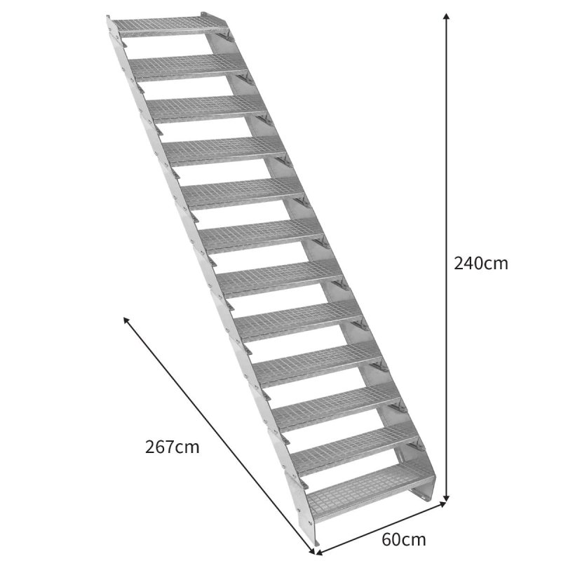 Metal Staircase 12 Section Adjustable Height 60cm / 600mm Wide Galvanised Steel Silver 12 Steps Weatherproof Grate Step Outdoor Garden Patio Modular Stairs 5mm Rod Thickness FREE Fixing Kit