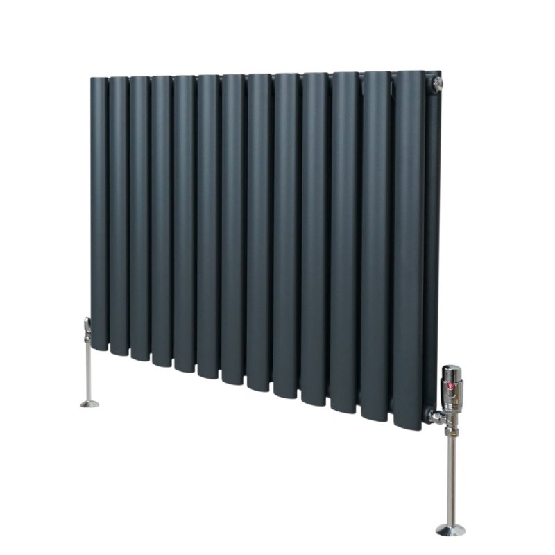 Oval Column Radiator 600mm x 780mm & TRV Chrome Valves Designer Double Panel Central Heating Heater Anthracite Grey Steel Horizontal Kitchen Living Room FREE Cleaning Brush Fixing Kit & Brackets
