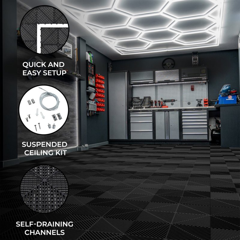 Vented Modular Interlocking Flooring Tiles x 120 Black With Edges & Hexagon LED Lighting 14 White Lights & Border 6500K 3 Mount Options & Suspended Ceiling Kit Single Garage Floor Mat 3.2m x 6m 19.2m2