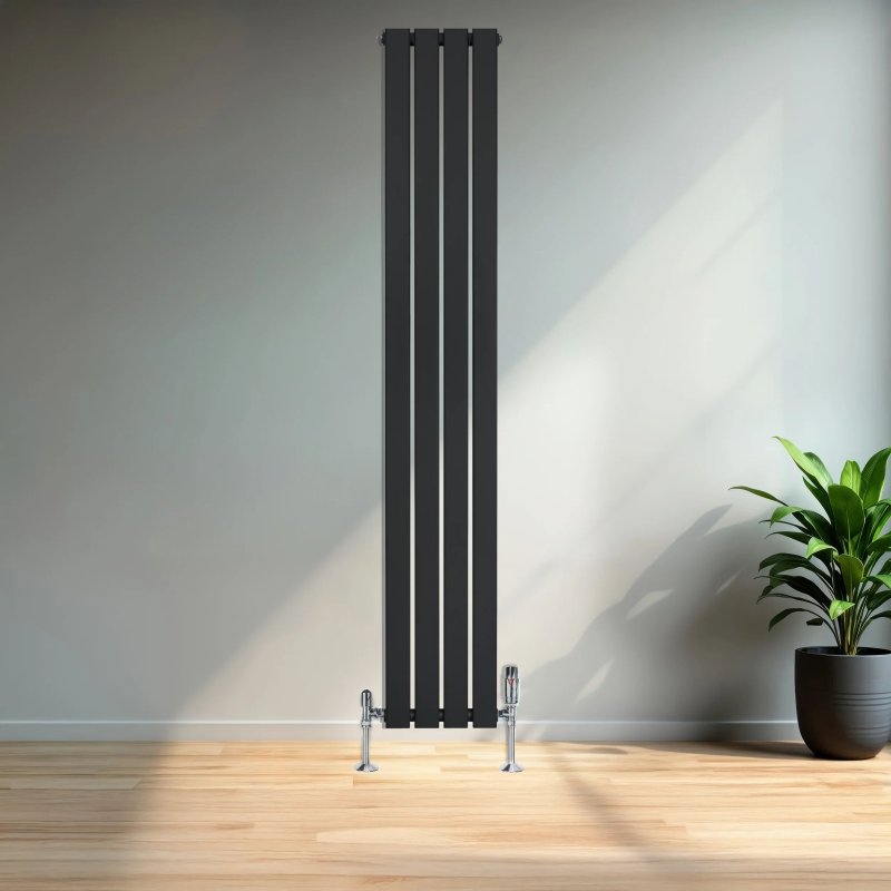 Flat Single Column Radiator & Valves - 1800mm x 280mm - Black