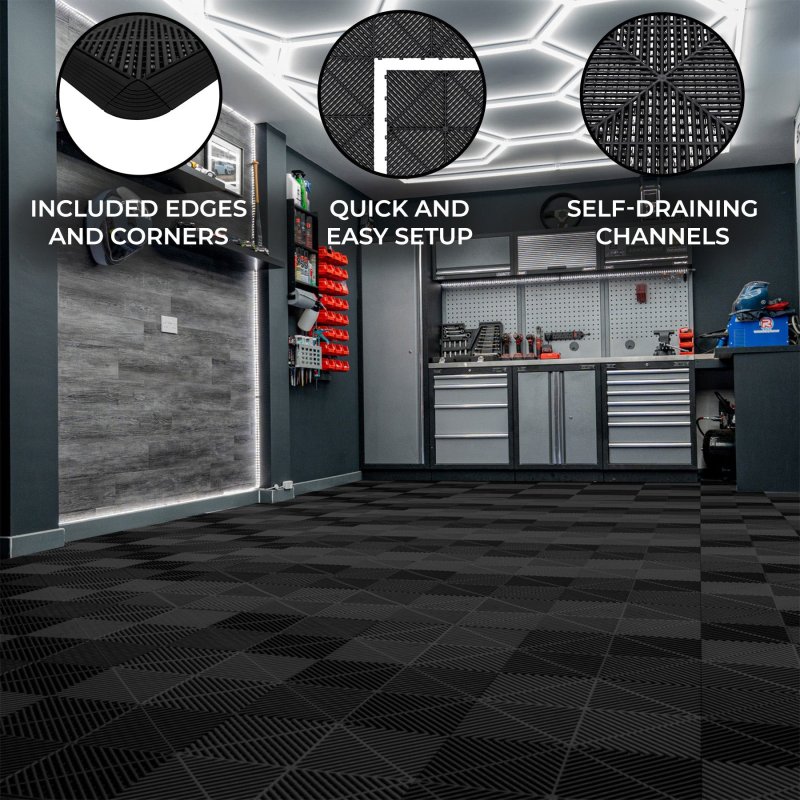 Vented Modular Interlocking Flooring Tiles & Edges 225 x Black Double Garage Heavy Duty Floor Mat Showroom Workshop Outdoor Polypropylene Anti Slip Weather Resistant Drainage Channels 6m x 6m 36m2