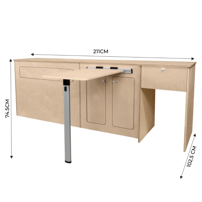 Camper Van Kitchen Pod LHD Conversion Unit Flat Pack Motorhome Campervan Furniture Foldaway Table Built In Storage Cupboards Fridge Space Towel Holder 15mm Birch Plywood SWB VW T5 & T6 Transporters