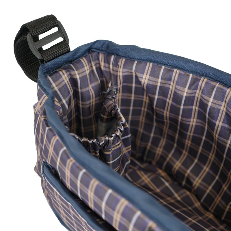 Pet Stroller Caddy Organiser Blue Tartan Pushchair Pram Travel Accessory Bag Detachable Hook & Loop Straps Elastic Cup Pouch Front Pocket Large Capacity Multifunctional Waterproof Oxford Fabric