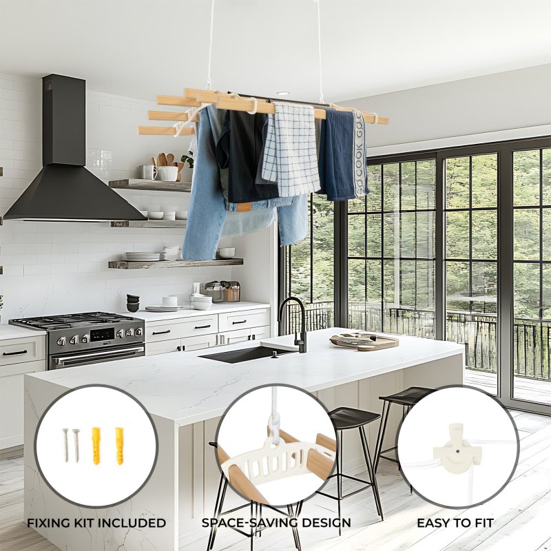 Clothes Airer Ceiling Pulley 6 Lath 2m Ivory Maid Traditional Mounted Clothing Dryer Victorian Clothes Horse Laundry Drying Rack Extendable Cast Iron Varnished Pine Kitchen Utility FREE Fixing Kit