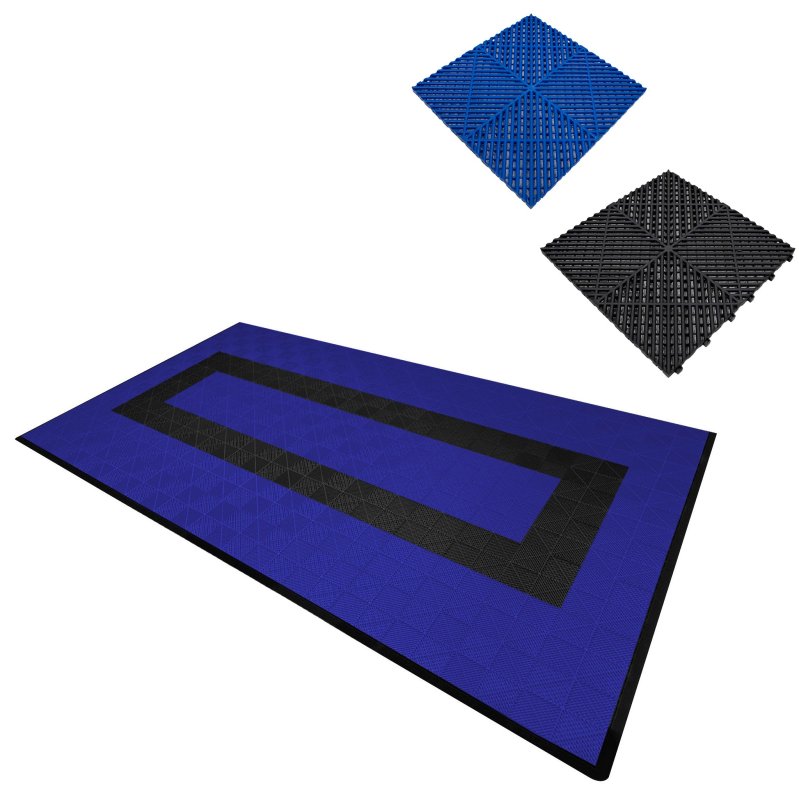 Vented Modular Interlocking Flooring Tiles & Edges 90 Blue & 30 Black Single Garage Heavy Duty Floor Mat Showroom Workshop Outdoor Polypropylene Anti Slip Weather Resistant Drainage 3.2m x 6m 19.2m2