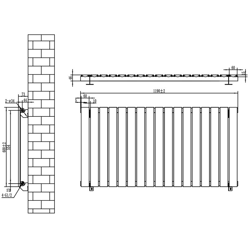 Flat Single Column Radiator - 600 x 1190mm - White