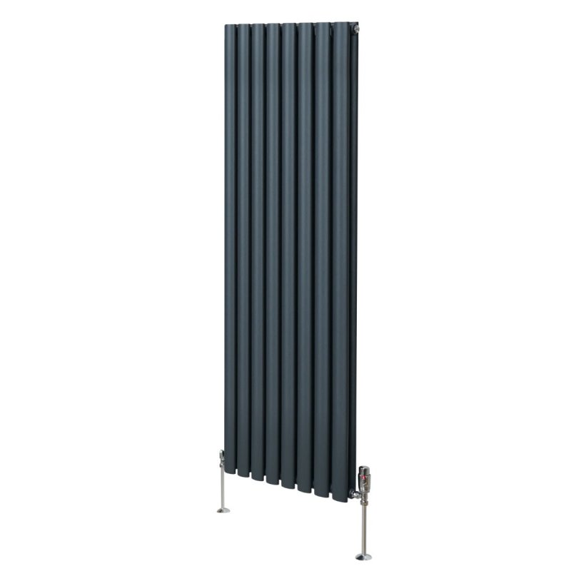 Oval Column Radiator 1600mm x 480mm & TRV Chrome Valves Modern Designer Double Panel Central Heating Heater Anthracite Grey Steel Vertical Kitchen Living Room FREE Cleaning Brush Fixing Kit & Brackets