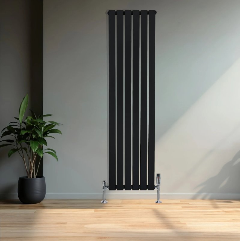 Flat Single Column Radiator & Valves - 1600mm x 420mm - Black