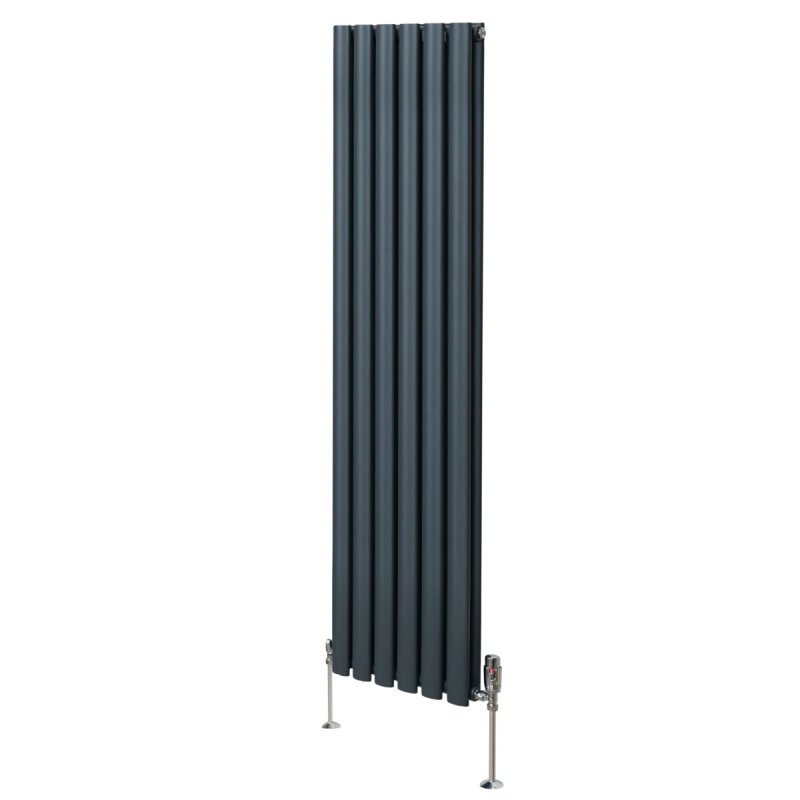 Oval Column Radiator 1600mm x 360mm & TRV Chrome Valves Modern Designer Double Panel Central Heating Heater Anthracite Grey Steel Vertical Kitchen Living Room FREE Cleaning Brush Fixing Kit & Brackets