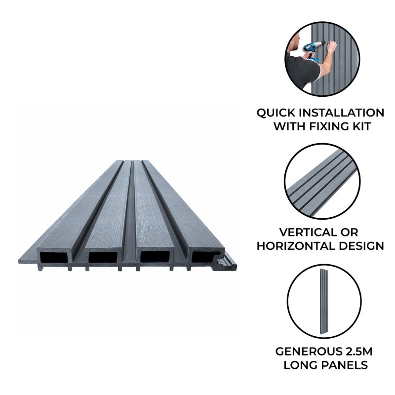 WPC Slatted Wall Cladding x 4 Panels – Grey