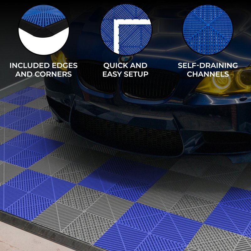 Vented Modular Interlocking Flooring Tiles & Edges 120 Grey & 120 Blue Double Garage Heavy Duty Floor Mat Showroom Workshop Outdoor Polypropylene Anti Slip Weather Resistant Drainage 6m x 6m 36m2
