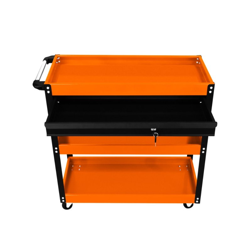 Tool Storage Tolley 3 Tier Portable Cart Roller Cabinet Lockable Drawer 2 Keys 4 Castor Wheels Handle 2 Hanging Boards 6 Hooks 150kg Capacity Workshop Garage Utility DIY Heavy Duty Powder Coated Steel