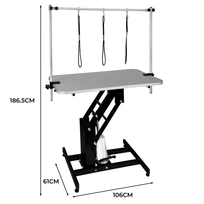 Hydraulic Pet Dog Grooming Table Lift Height Adjustable H Bar 180kg Weight Capacity Large 106cm x 61cm Grey Rubber Top Professional Heavy Duty Steel Black Frame 4 Adaptable Stable Feet 3 Loop Leashes