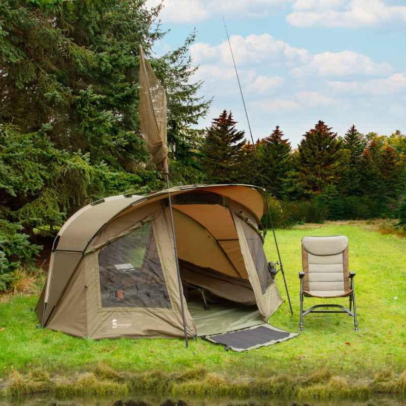 2 Man Fishing Bivvy Tent Carp Fishing Green Dome Overnight Shelter Angler Camping Waterproof Tackle Brolly System Pram Hood PVC Window Groundsheet FREE Shoe Mat Carry Bag Pegs & Mallet Included